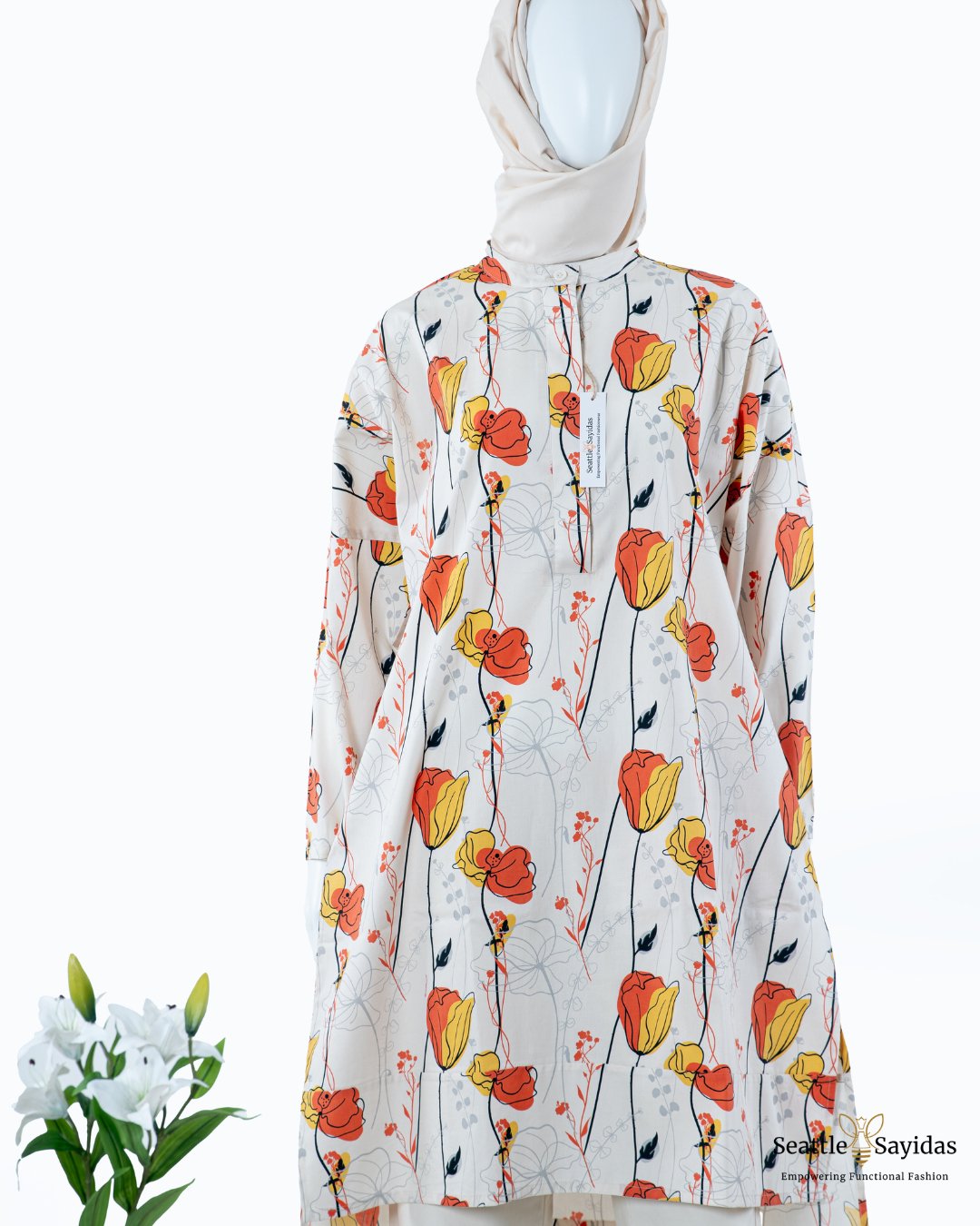 Modest Wear Roomy Tunic Dress Top In Meadow Poppy Print - Seattle Sayidas