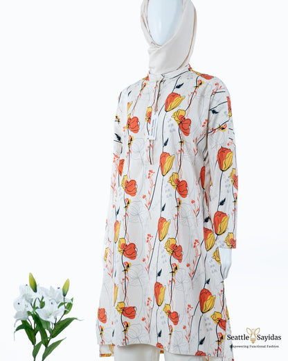 Modest Wear Roomy Tunic Dress Top In Meadow Poppy Print - Seattle Sayidas